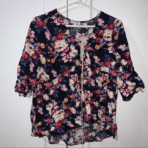Black Floral Shirt With Front Ties